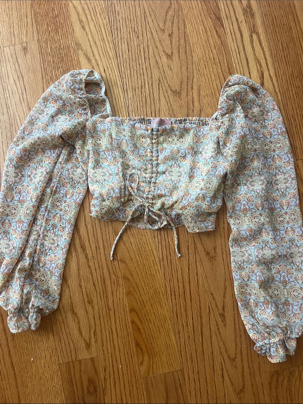 Show Me Your MuMu Cream Multi Floral Smocked Puff-Sleeve Crop Top long sleeves m